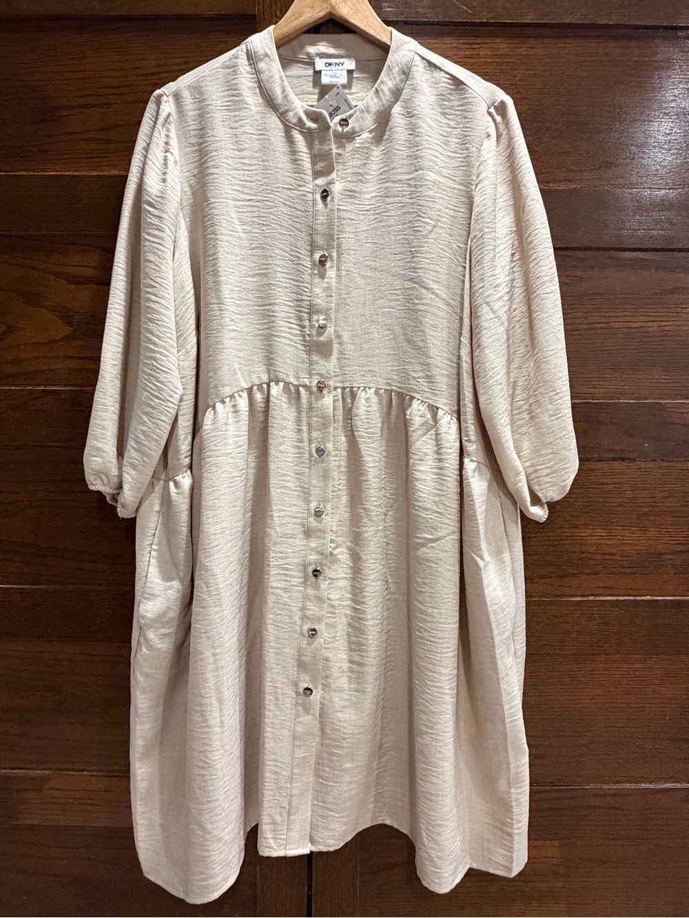 NWT DKNY 14W soft tan lightweight Button-Front Dress pockets 3/4 sleeve flowy